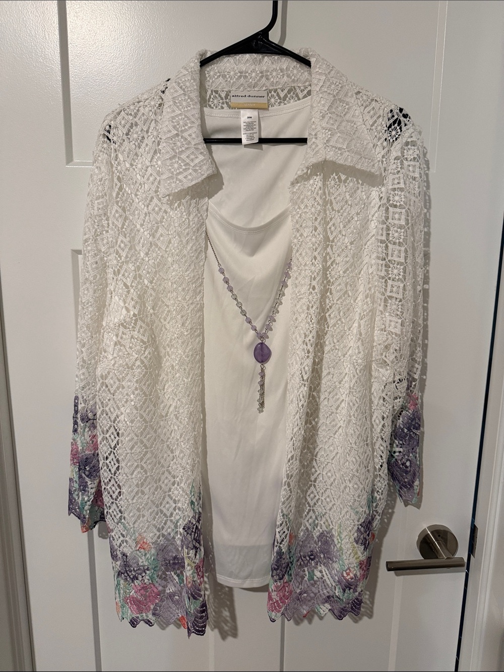 Alfred Dunner White Lace Open-Front Tunic with Pastel Floral Trim